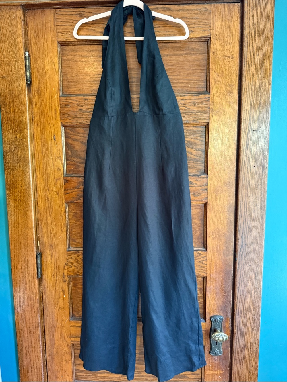 WILFRED 100% Linen Plunging V Neck Cropped Wide Leg Halter Jumpsuit Black 8